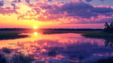 Obraz premium A stunning sunset over a calm lake with vibrant pink and orange hues reflected in the water.