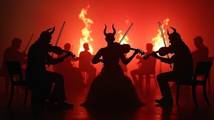 violin concert scene black and red shades sitting devils pronounced detailing plays the violin against the background of a light fire orchestra