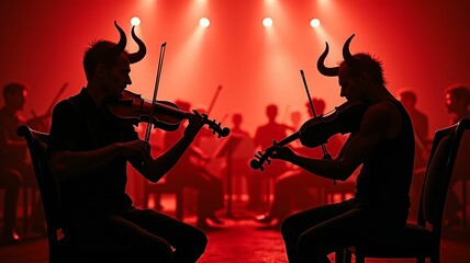 Fototapeta premium violin concert scene black and red shades sitting devils pronounced detailing plays the violin against the background of a light fire orchestra