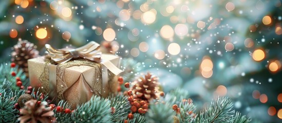 Obraz premium New year or Christmas card featuring fir branches gold decorations and a gift box Christmas decorations set against a blurred sparkling background Selective focus Toned image with copyspace for your t