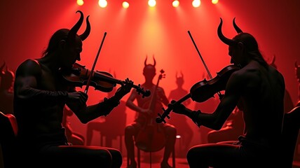 Fototapeta premium violin concert scene black and red shades sitting devils pronounced detailing plays the violin against the background of a light fire orchestra