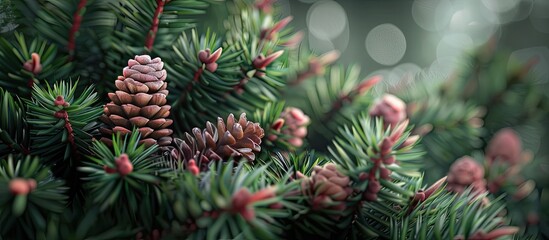 Pink cones on fir branches with evergreen foliage Green conifer background. Copy space image. Place for adding text and design