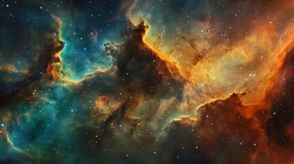 Fototapeta premium A stunning view of a nebula with a mix of teal, orange, and yellow colors, and scattered stars.