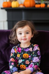 little toddler girl wearing Halloween themed pyjamas with jack o lantern and flowers print sitting on a dark purple velvet sofa