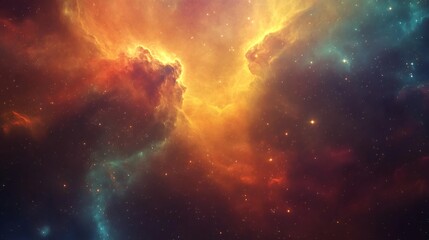 A stunning view of a nebula with red, orange, and blue hues, dotted with stars.