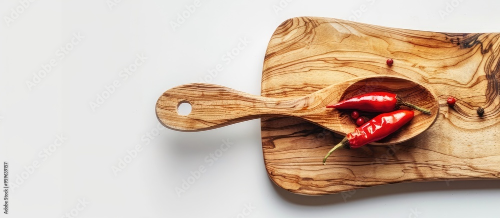 Poster The red chili in a wooden spoon rests on the cutting board against a white background. Copy space image. Place for adding text and design