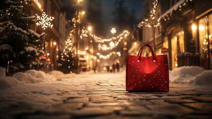 A red christmas shopping bag on a snowy shopping street and festive decorations