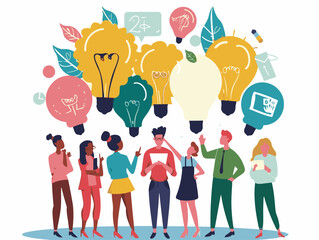 diverse of professionals brainstorming ideas, flat vector illustration