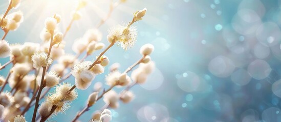 Fototapeta premium A spring flowered willow branch against a sky blue background in a park or forest copy space Spring card Selective focus Blooming fluffy willow branches Sunny Easter background