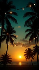 Sunset Beach Scene with Palm Trees and String Lights
