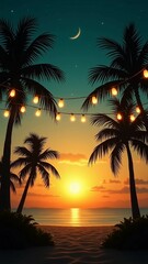 Sunset Beach Scene with Palm Trees and String Lights