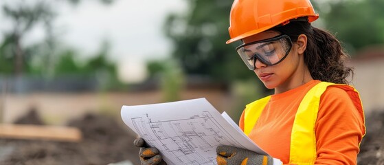 diverse construction workforce female engineer reviewing plans, safety gear, teamwork and modern technology
