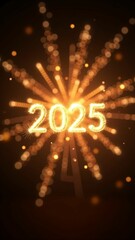 Numbers 2025 on blurred golden background, bokeh
