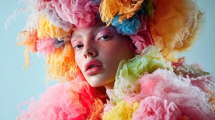 Fototapeta premium Whimsical Fashion Design: Vibrant Plush Figures & Textiles in Soft Lighting – Perfect Poster for Childlike Aesthetic in Sporty Interiors