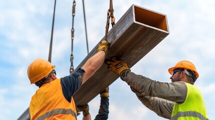construction workers teamwork safety and diversity lifting steel beam modern construction site