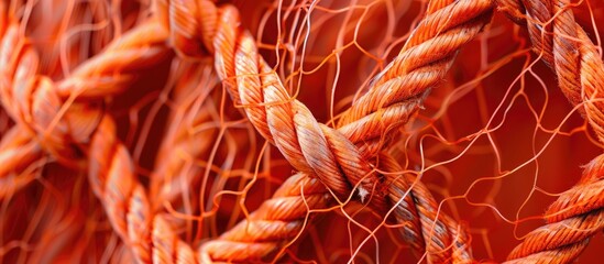 Close up of a fishing net and orange rope. Copy space image. Place for adding text and design