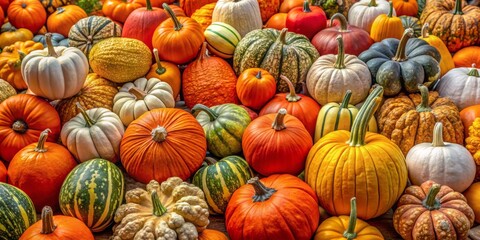 A colorful display showcases an assortment of pumpkins in varying shapes and sizes, each one uniquely detailed and textured.