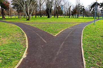 The bike path in the park forks