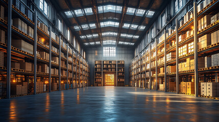 Fototapeta premium A huge distribution automatic warehouse with high shelves for storage and logistics purposes.