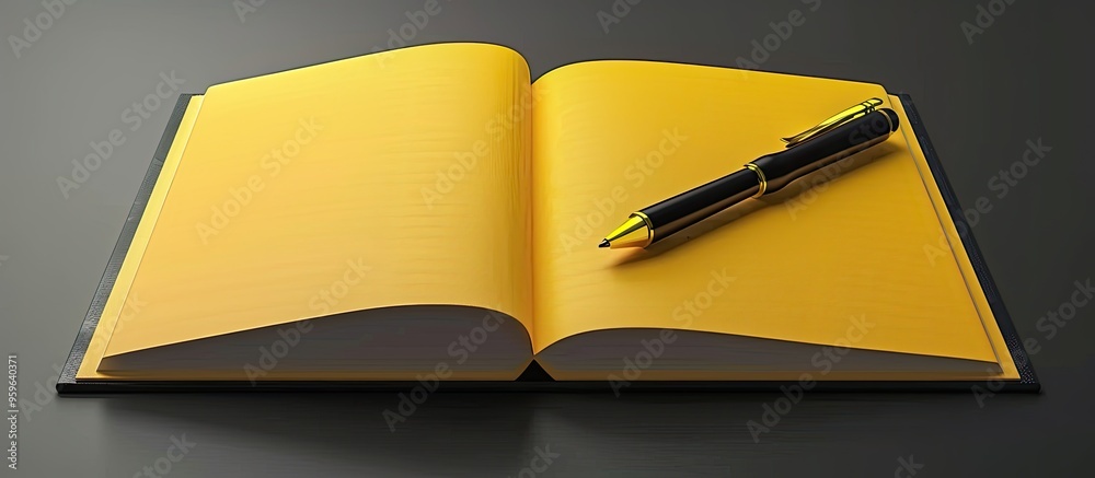 Poster open yellow notebook and pen. copy space image. place for adding text and design