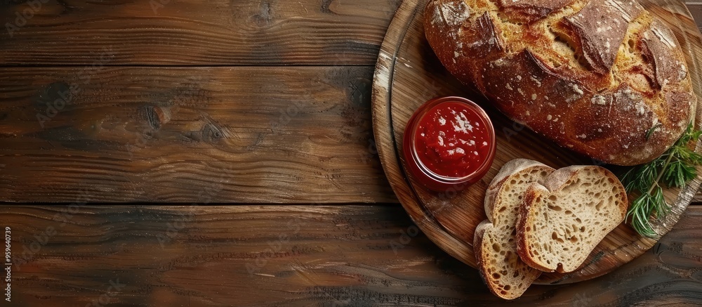 Poster bread on a wooden background close up wholegrain bread on a wooden surface and tomato sauce. Copy space image. Place for adding text and design