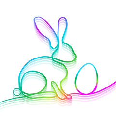 Rabbit banner one line linear. Happy Easter card. Neon gradient bunny with egg. hand drawn. Not AI, Vector illustration.