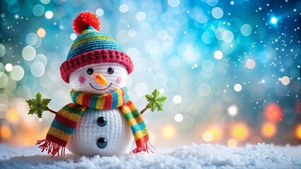 Cheerful snowman decorated in festive colors welcomes the winter season with a sparkling backdrop