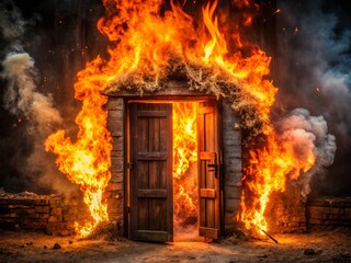 a photo image of a massive flame engulfing a rustic wooden door, red embers crackling and spewing forth in all directions, surrounded by smoke and darkness.