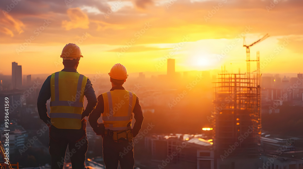 Poster Two construction workers watching a sunset over a city skyline.