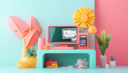 Pay day graphic, direct deposit icon with payday cash flow, digital finance, 3D illustration