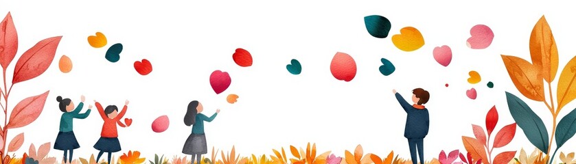 Obraz premium watercolor illustration of people throwing hearts in the air with floral background for love, romance, and relationships