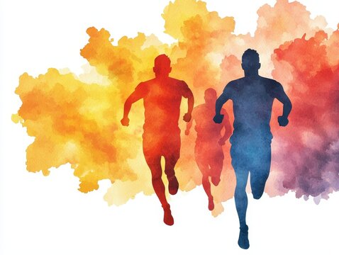 watercolor illustration of silhouettes of runners in motion with colorful abstract background.