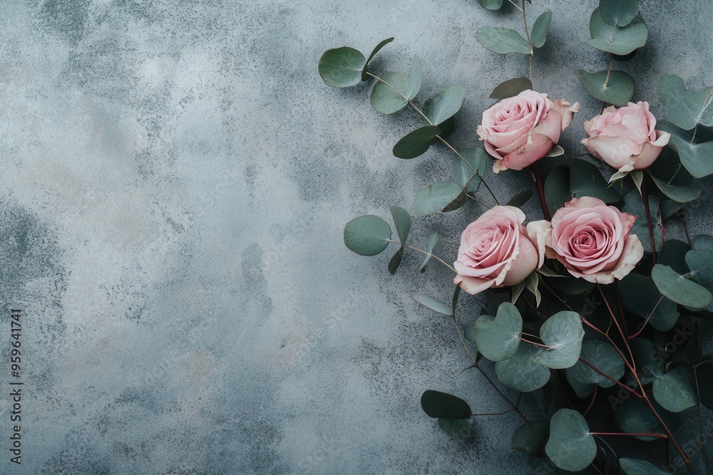 Aufkleber a stylish arrangement of pink roses and eucalyptus leaves rests against a textured concrete backgrou