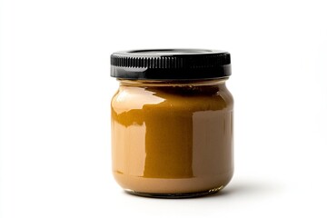 peanut butter in glass jar with black plastic lid on white background. Generative Ai