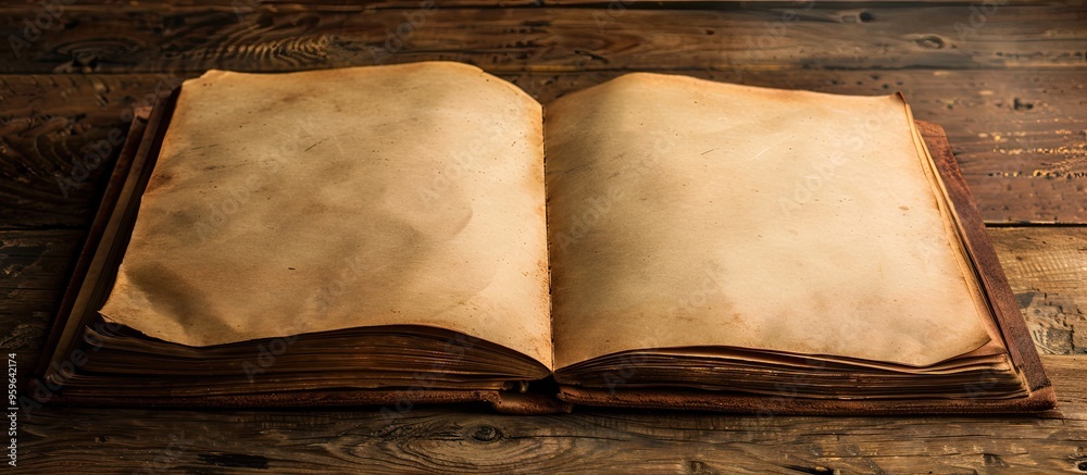 Poster open blank vintage notebook on a wooden desk with empty space for your art or text presentation. cop