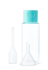 Clear plastic bottle with mint green cap suitable for storing liquids or skincare products