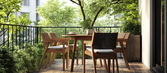 Obraz premium Cozy Outdoor Balcony with Wooden Furniture and Lush Greenery in a Modern Urban Setting