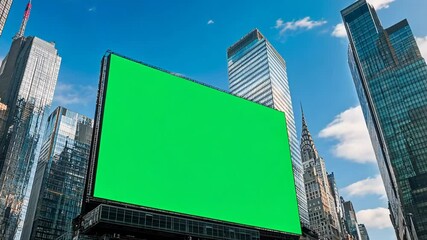A large green screen billboard in a bustling cityscape under a bright blue sky, ideal for concepts related to advertising and urban holidays like New Year's Eve in Times Square