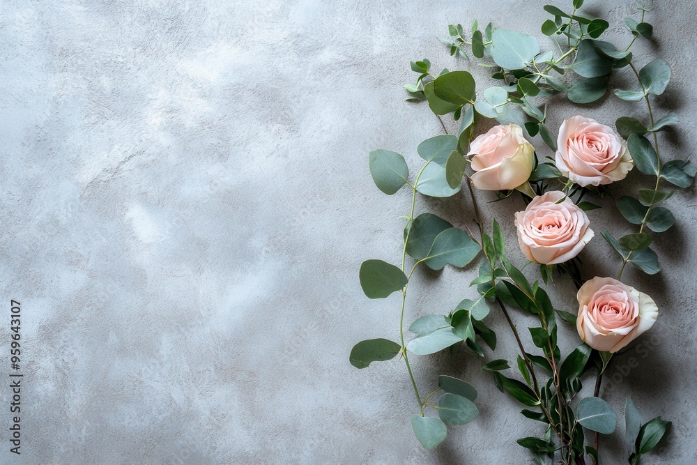 Sticker A beautiful arrangement of delicate pink roses and fresh eucalyptus leaves placed against a minimal concrete backdrop. Generative AI