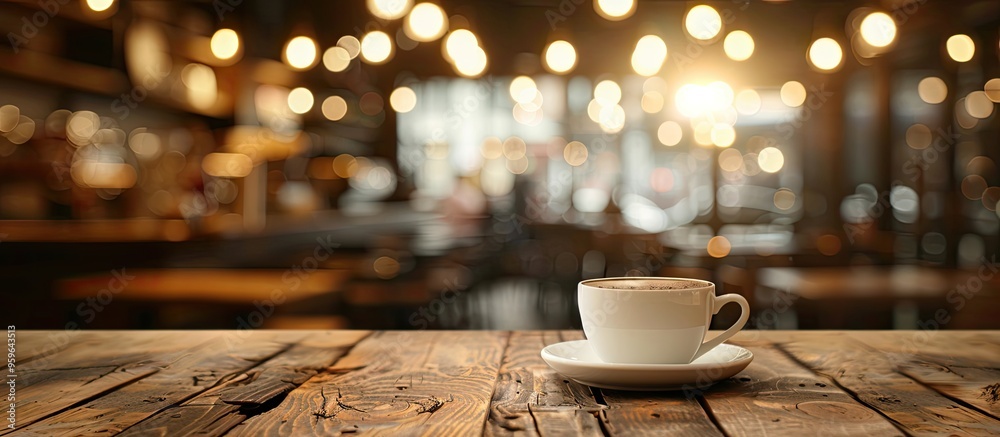 Poster selected focus on an empty brown wooden table with a blurred coffee shop background featuring bokeh 