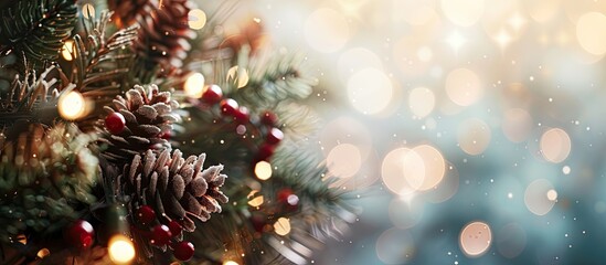 Merry Christmas and Happy New Year holiday greeting card featuring a blurred bokeh background. Copy space image. Place for adding text and design