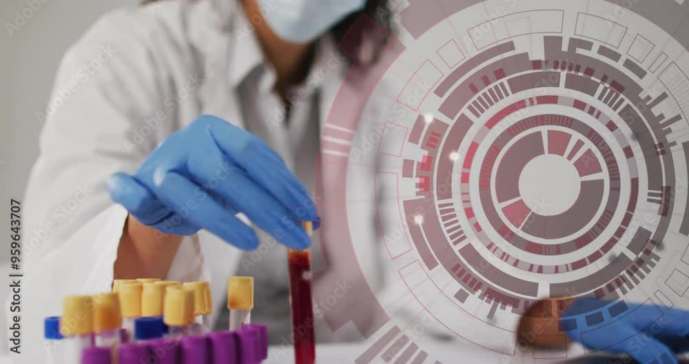 Poster scientist handling test tubes with futuristic data processing animation over laboratory scene