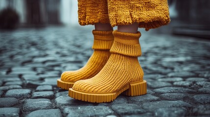 Stylish Knitted Ankle Boots in Warm Mustard Yellow: A Chunky Textured Statement Piece for Cozy Interiors and Sporty D&eacute;cor Posters