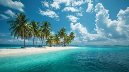 A tropical paradise with palm trees on a white sand beach and turquoise water.