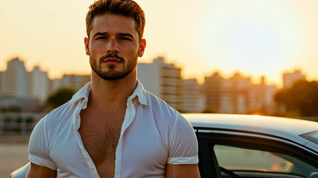 Confident young Caucasian man in an unbuttoned shirt poses by a car during a sunset, symbolizing summer adventures and modern lifestyle