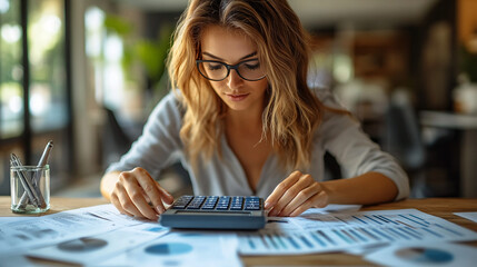 Fototapeta premium A female accountant works on financial calculations with a calculator in her office. The image represents savings, finances, and the economy concept.