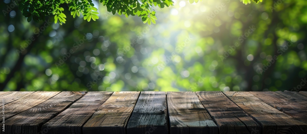 Poster close up image of a wooden table with a blurred green natural background. copy space image. place fo