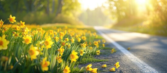 Lovely yellow flowers lining the road. Copy space image. Place for adding text and design