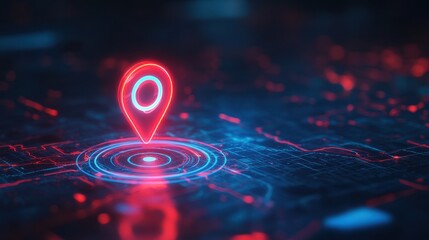 Neon Red Location Pin on Digital Map - Futuristic Navigation and GPS Technology Concept with Glowing Blue and Red Lights