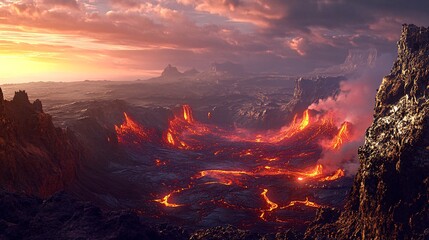 Fototapeta premium A fiery volcanic landscape with molten lava flowing between rocky cliffs at sunset.
